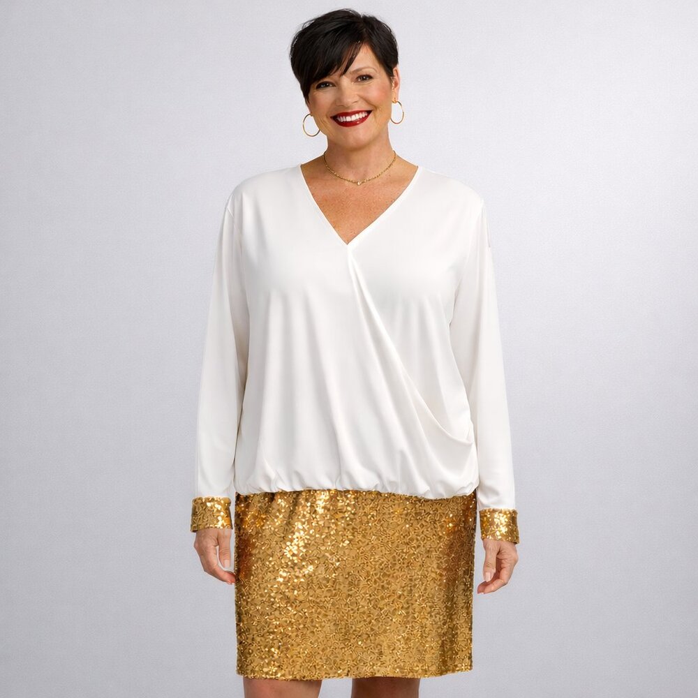 NWT 3X skirt set, v-neck white blouse gold sequin skirt. Special event. Wedding